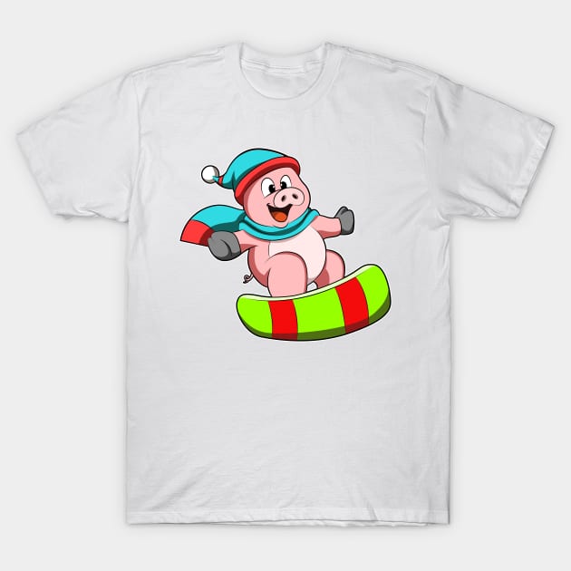 Pig at Snowboarding with Snowboard T-Shirt by Markus Schnabel